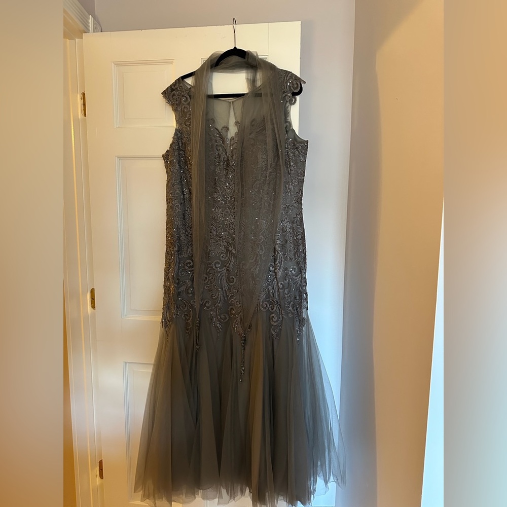 Montage by Mon Cheri Charcoal Lace Maxi Dress